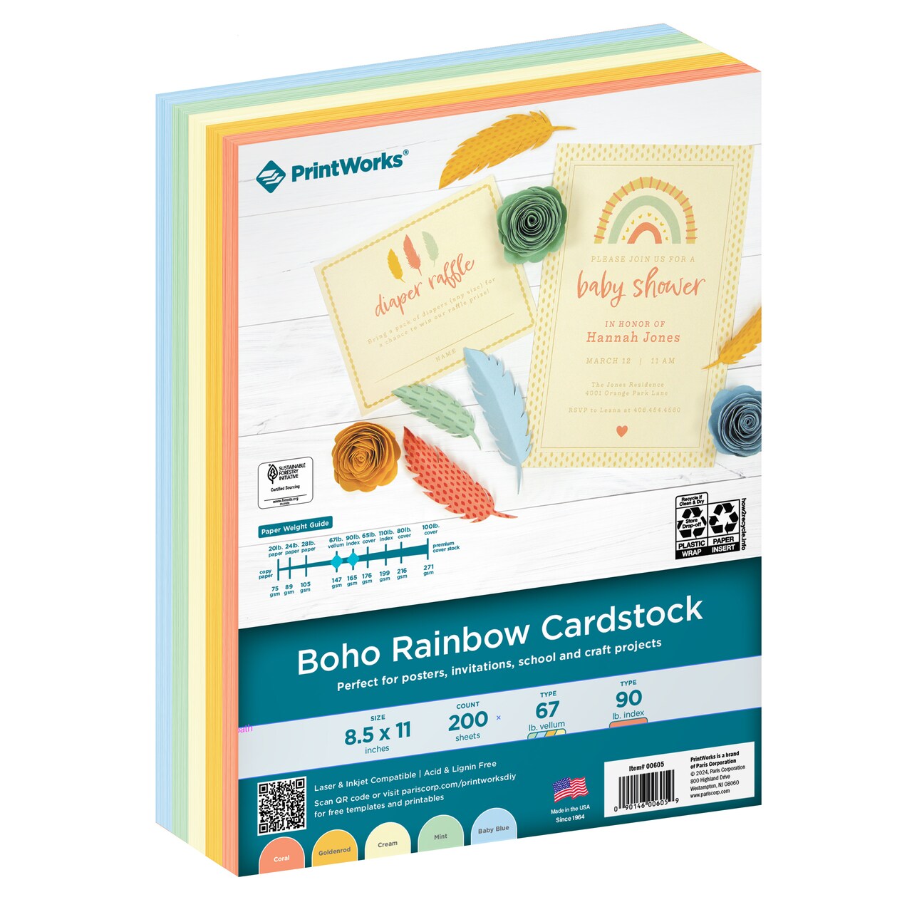 PrintWorks Boho Rainbow Cardstock, 5 Assorted Colors, Solid Core, 200 Sheets, 8.5” x 11” (00605)